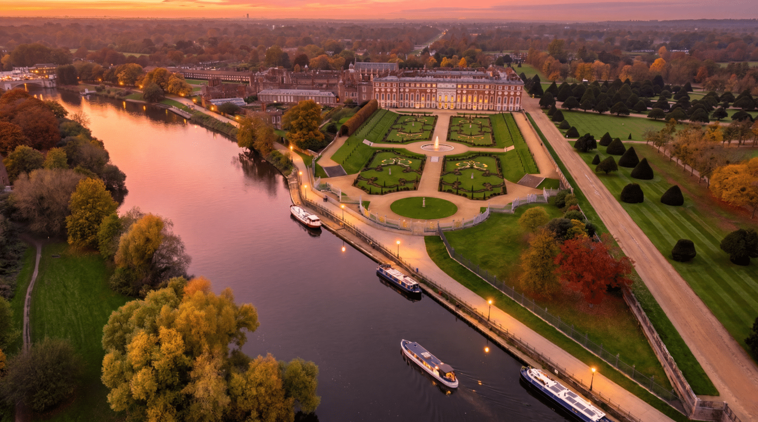 Hampton Court Palace and the Thames at sunset, from the air